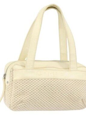 CHANEL Tote Bag Canvas Leather White Silver CC Auth BA8037